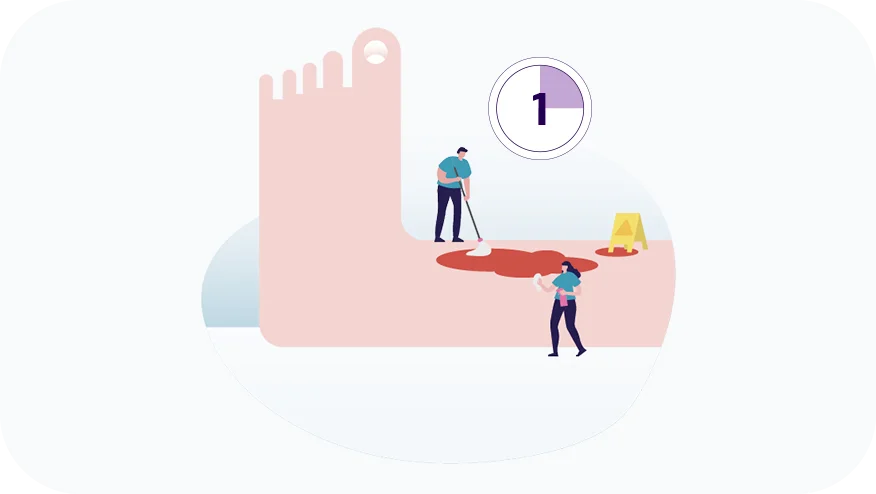 Grafik mit 2 Menschen, die eine chronische Wunde am Bein reinigen. Das soll den 1. Schritt Reinigung und Spülung veranschaulichen.