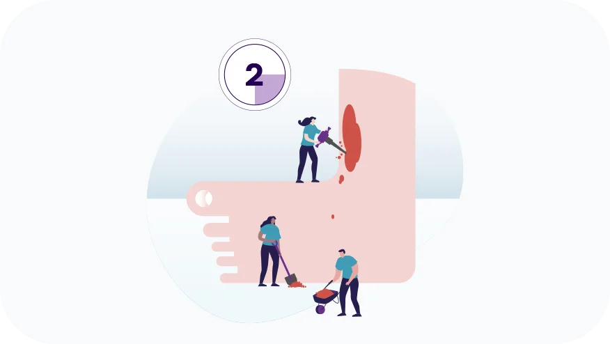 Grafik von Menschen die Wunden am Bein putzen, soll den 2. Schritt: Débridement veranschaulichen soll 